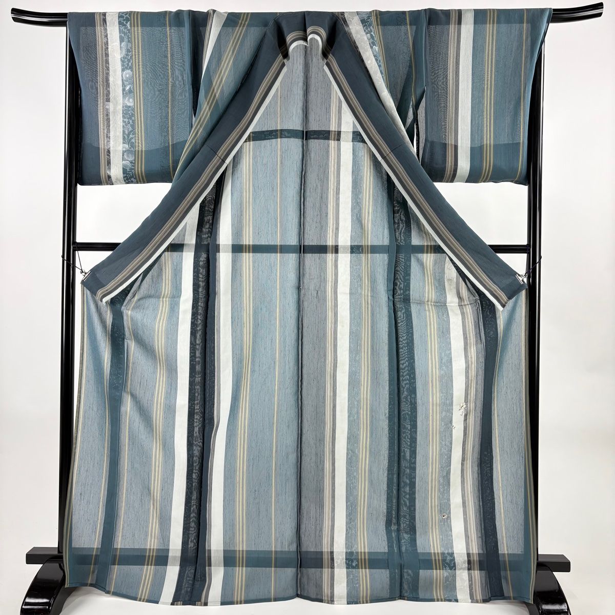 付下げ 身丈171 cm 裄丈67 M 薄物 明石上布 縞 草花 刺繍 金糸 青緑 正絹 名品 定番ボトム マーメイド