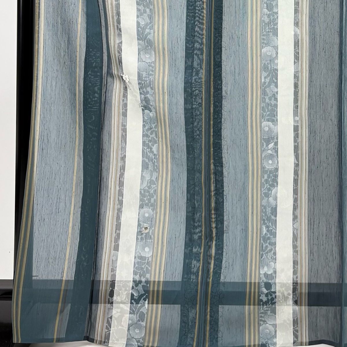 付下げ 身丈171 cm 裄丈67 M 薄物 明石上布 縞 草花 刺繍 金糸 青緑 正絹