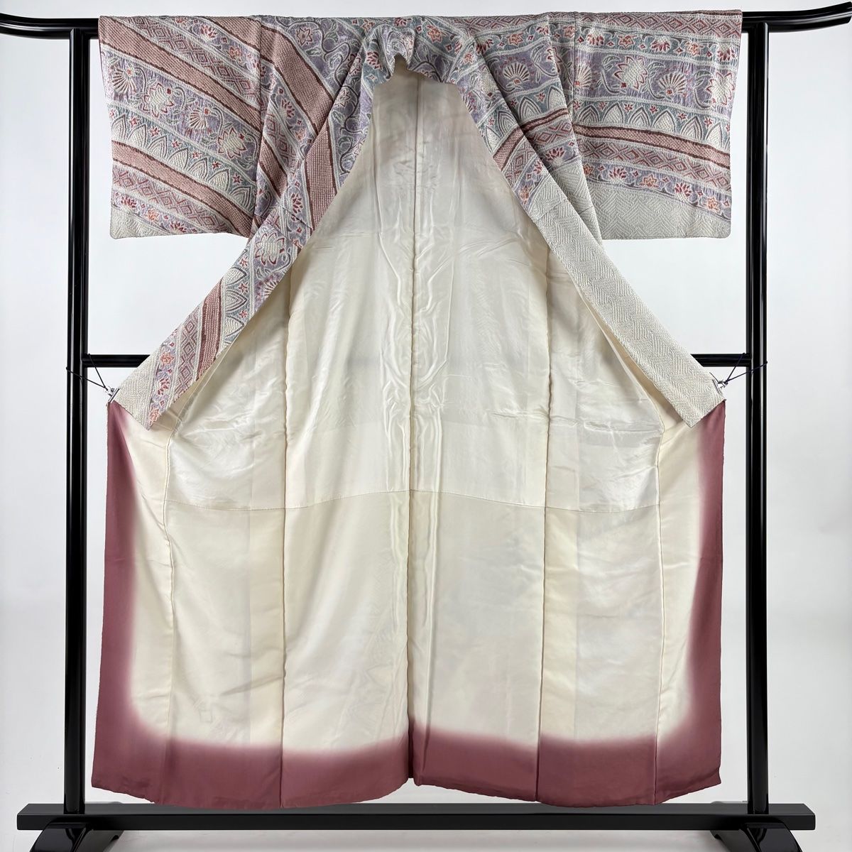  訪問着 身丈155 cm 裄丈61 5 S 袷 花唐草 幾何学 総絞り 灰白 正絹 訪問着 付け下げ 着物