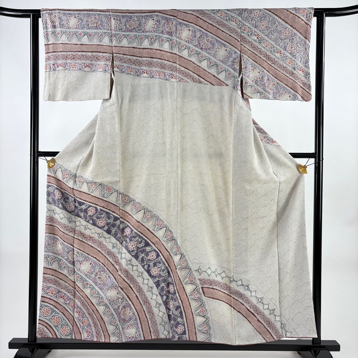 訪問着 身丈155 cm 裄丈61.5 S 袷 花唐草 幾何学 総絞り 灰白 正絹