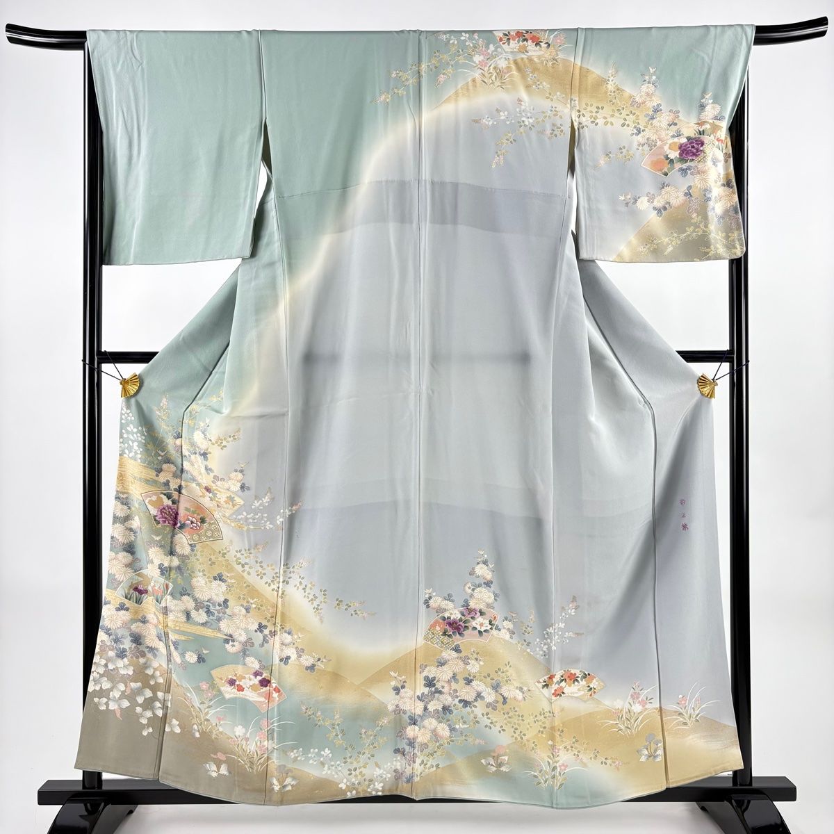 訪問着 身丈159 cm 裄丈68 L 袷 帝王紫 落款 扇面 草花 刺繍 金彩 薄緑 正絹