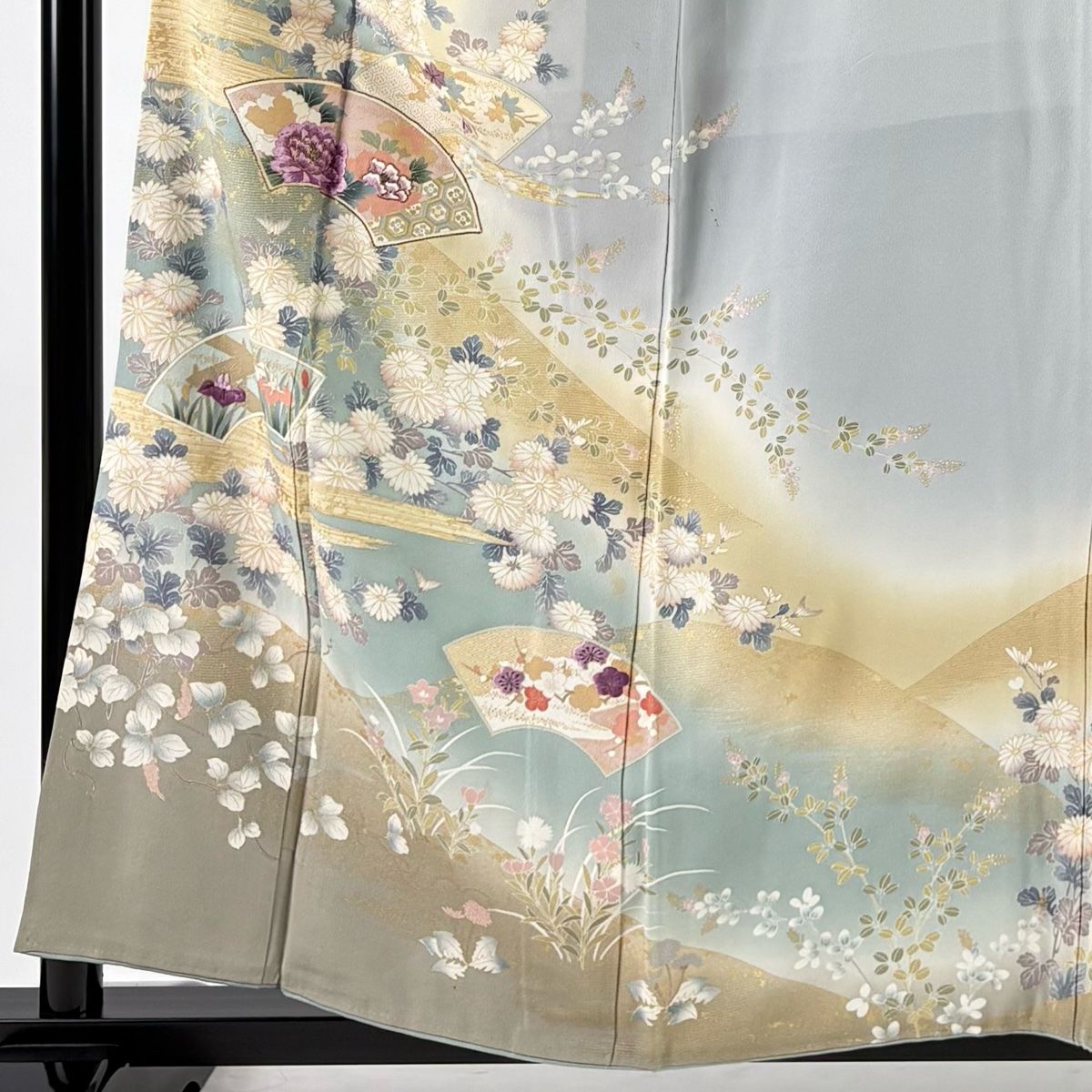 訪問着 身丈159 cm 裄丈68 L 袷 帝王紫 落款 扇面 草花 刺繍 金彩 薄緑 正絹