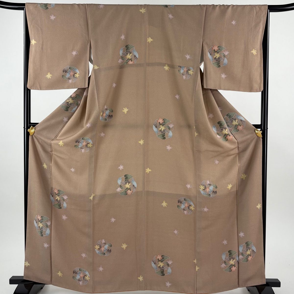 小紋 身丈165.5 cm 裄丈66 M 袷 洗える着物 草花 灰茶 化繊 名品