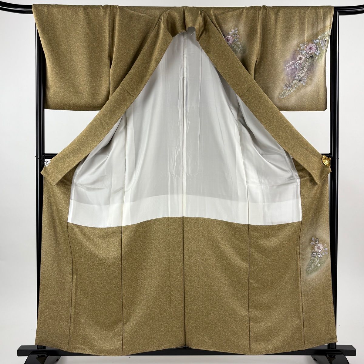  付下げ 身丈159 5 cm 裄丈66 M 袷 落款 辻が花柄 染め分け ぼかし 茶緑色 正絹 訪問着 付け下げ 着物