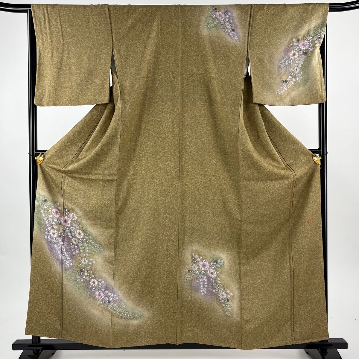 付下げ 身丈159.5 cm 裄丈66.5 M 袷 落款 辻が花柄 染め分け ぼかし 茶緑色 正絹