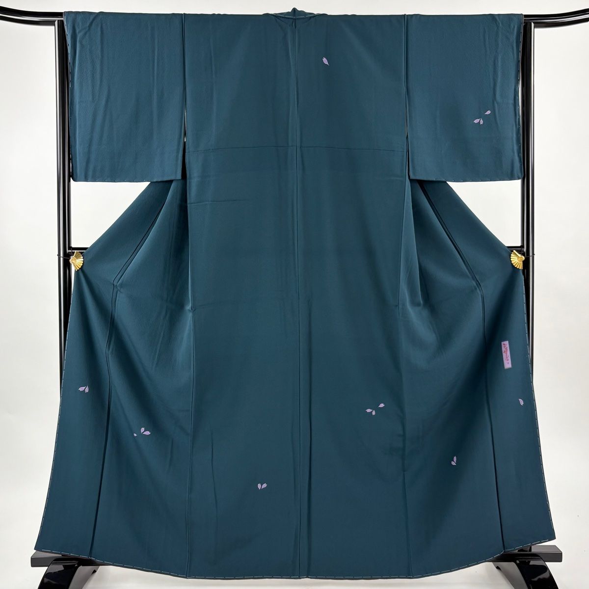 付下げ 身丈163 cm 裄丈64 M 袷 辻村ジュサブロー 落款 花びら 銀彩 深緑 正絹