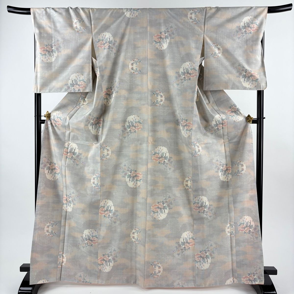 紬 身丈168 cm 裄丈69 L 袷 雪輪 草花 灰茶 正絹