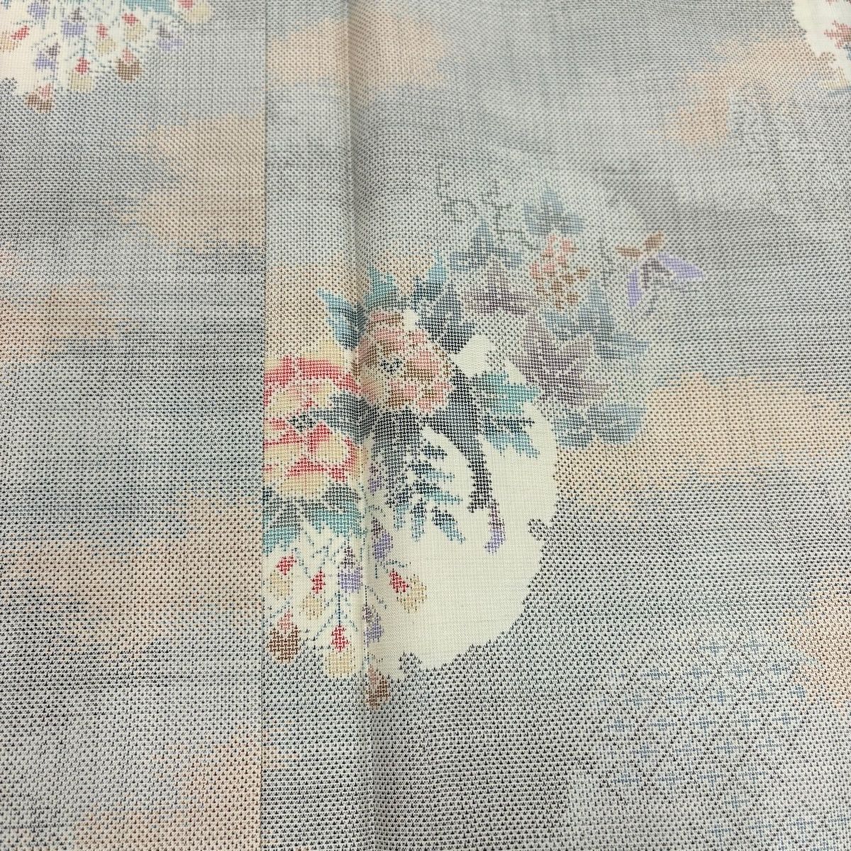  紬 身丈168 cm 裄丈69 L 袷 雪輪 草花 灰茶 正絹 紬 着物