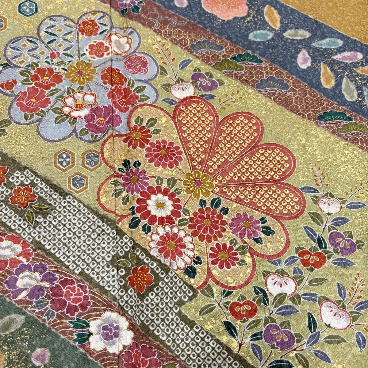  訪問着 身丈170 5 cm 裄丈66 M 袷 菊 松竹梅 金彩 薄緑 正絹 訪問着 付け下げ 着物