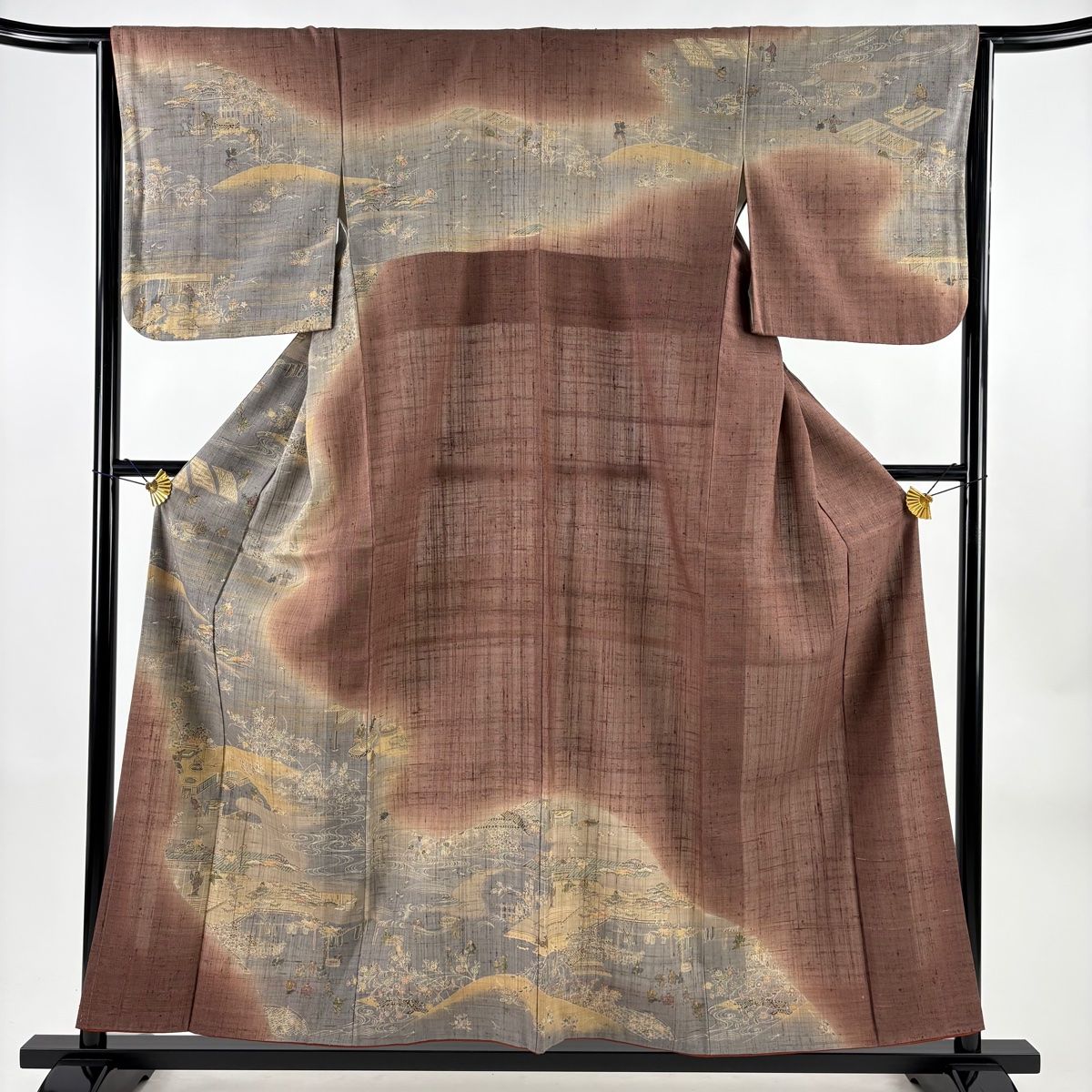 訪問着 身丈157 cm 裄丈64 M 袷 紬地 人物 松竹梅 ぼかし 金彩 小豆色 正絹 名品