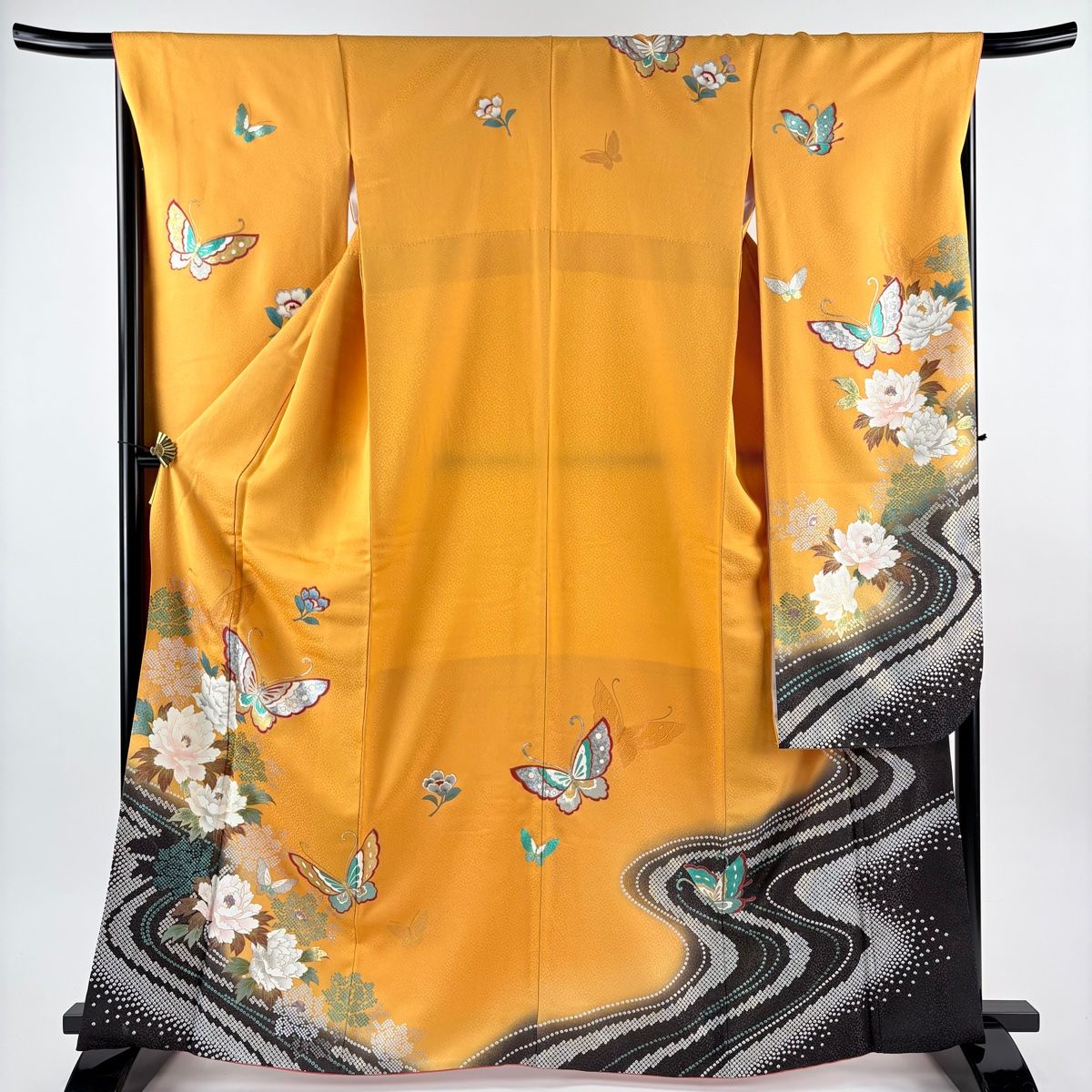 振袖 身丈165cm 裄丈68cm L 袷 蝶 牡丹 金銀彩 ぼかし オレンジ 正絹