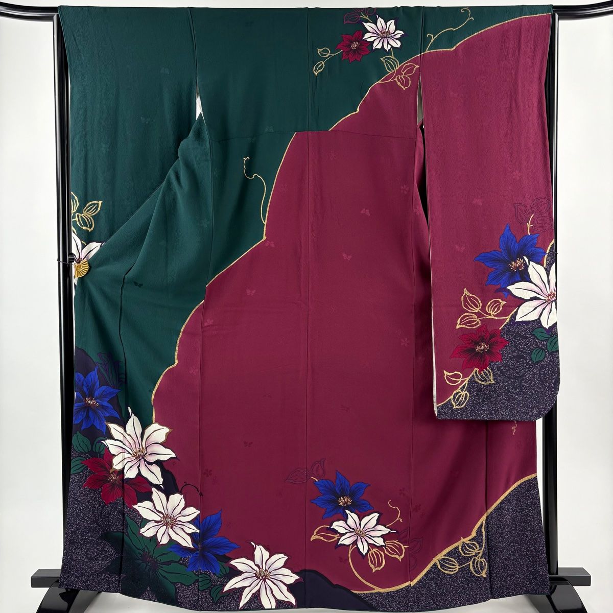 振袖 身丈166cm 裄丈64.5cm M 袷 森英恵 落款 草花 地紋 金彩 染め分け