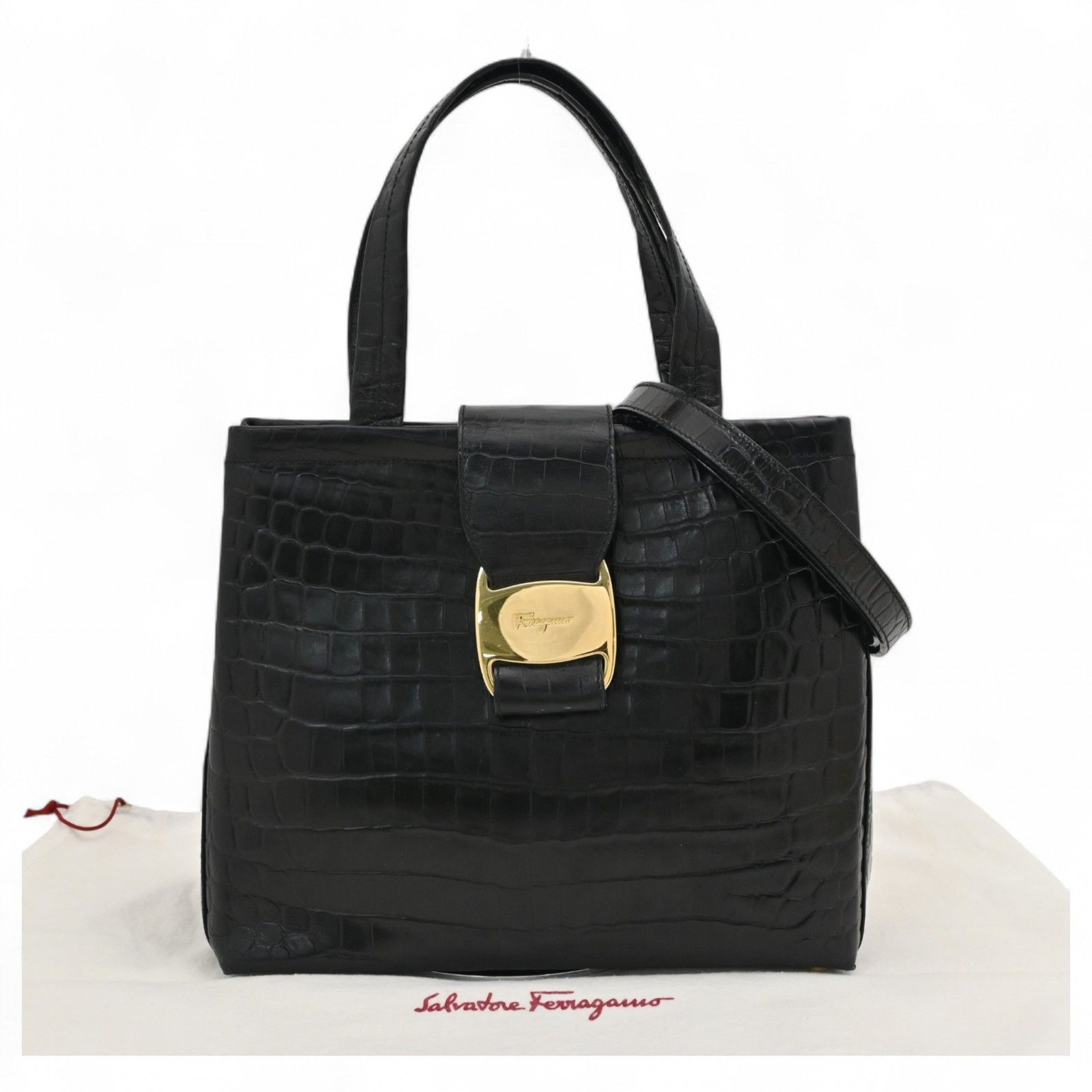 新品 フェラガモ ヴァラ　クロコ フェラガモ ヴァラ ハンドバッグ クロコ型押し レザー ブラック