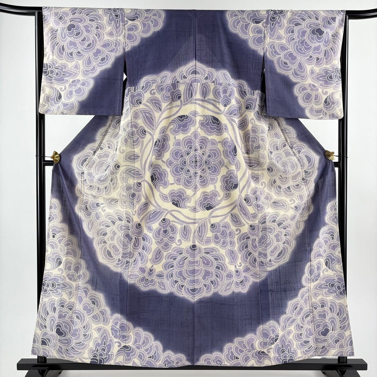 訪問着 身丈158.5 cm 裄丈64 M 単衣 紬地 花唐草 染め分け ぼかし 紫 正絹