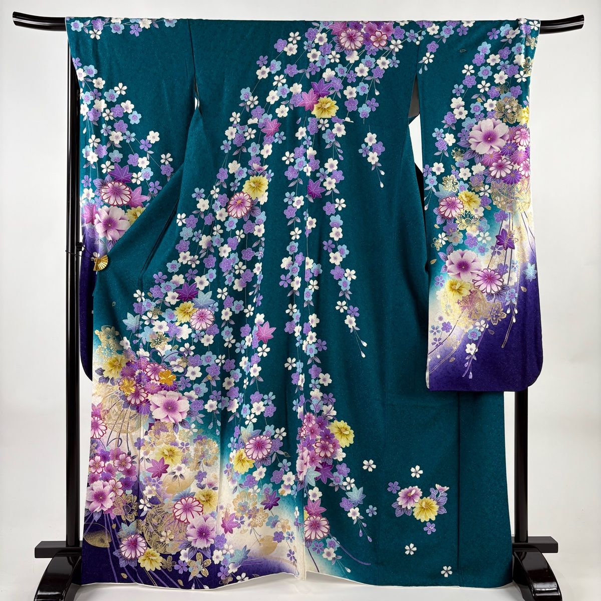 美品】 振袖 身丈169cm 裄丈69cm L 袷 薬玉 枝垂れ桜 銀通し 金糸 深緑
