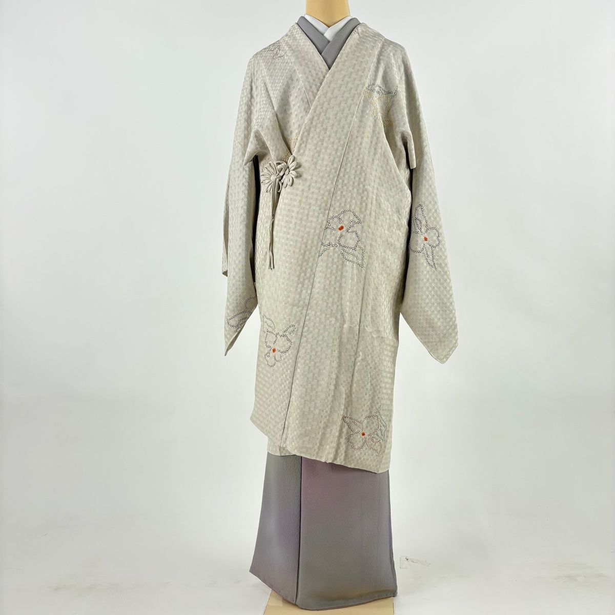 道中着 身丈104 5 cm 裄丈69 L 和装コート 草花 絞り ベージュ 正絹