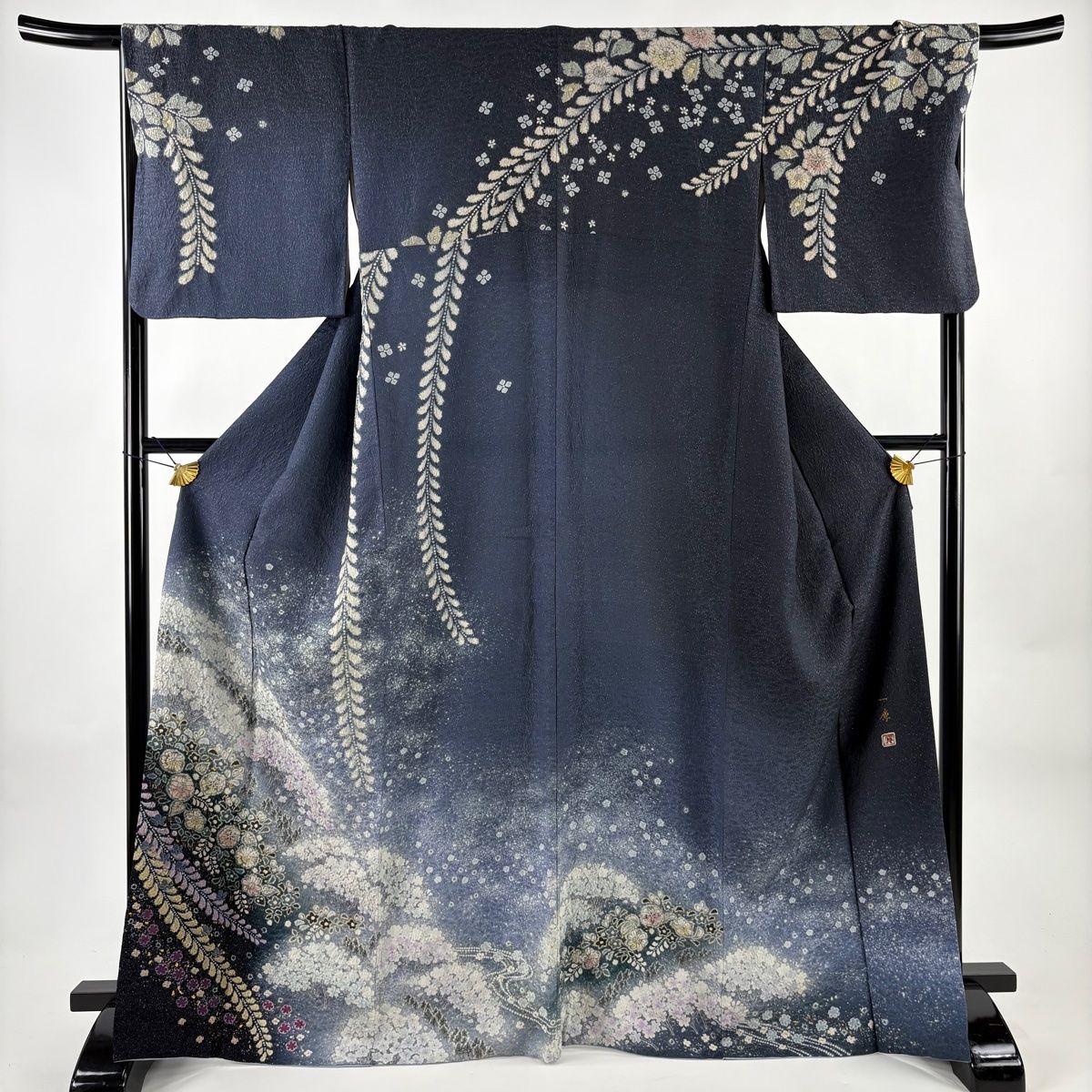 訪問着 身丈168 5 cm 裄丈69 L 袷 吉乃一廉 落款 辻が花 樹木 銀通し 金彩 青灰色 正絹