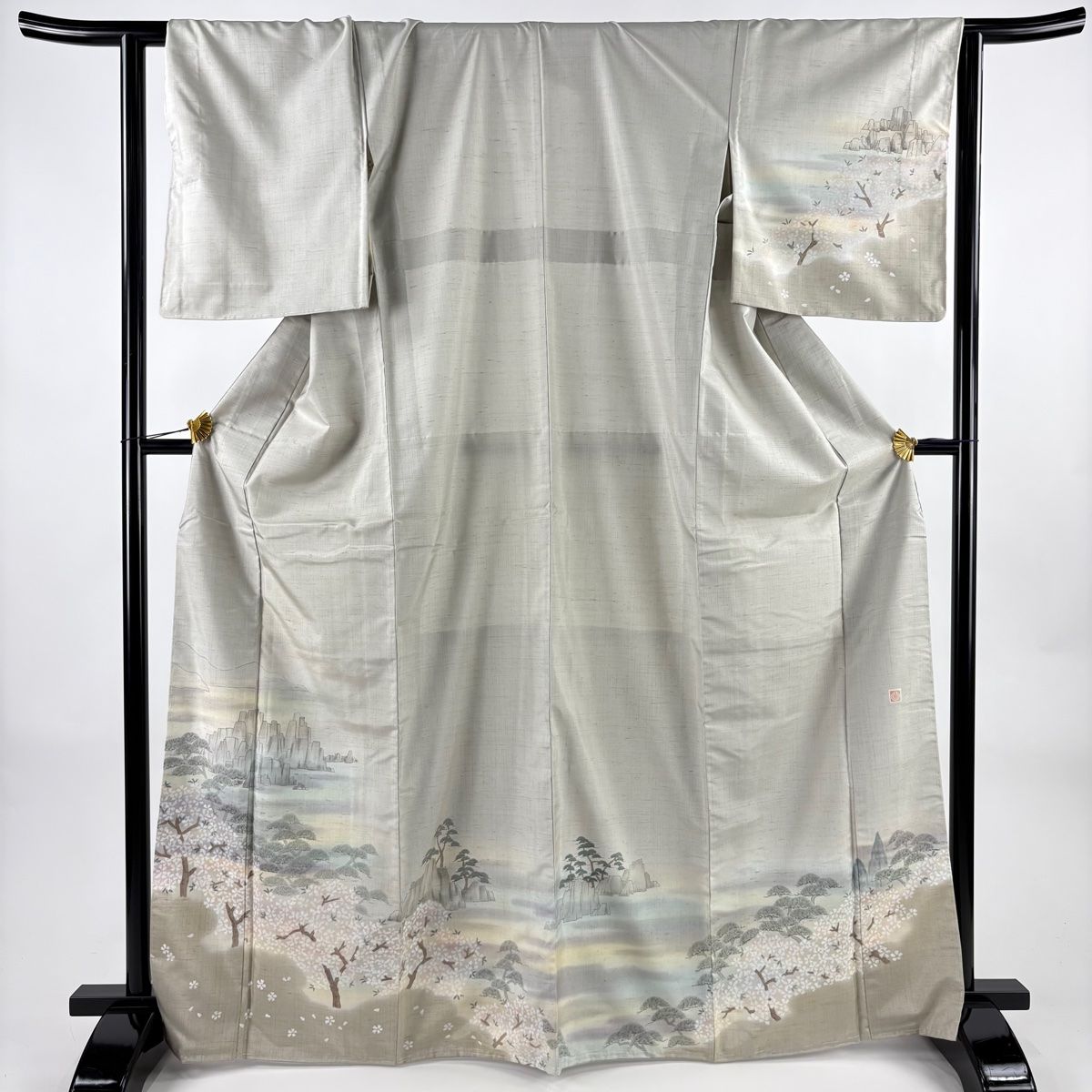 付下げ 身丈168 cm 裄丈66 M 袷 牛首紬地 背抜き 落款 桜 松 ぼかし 灰緑 正絹