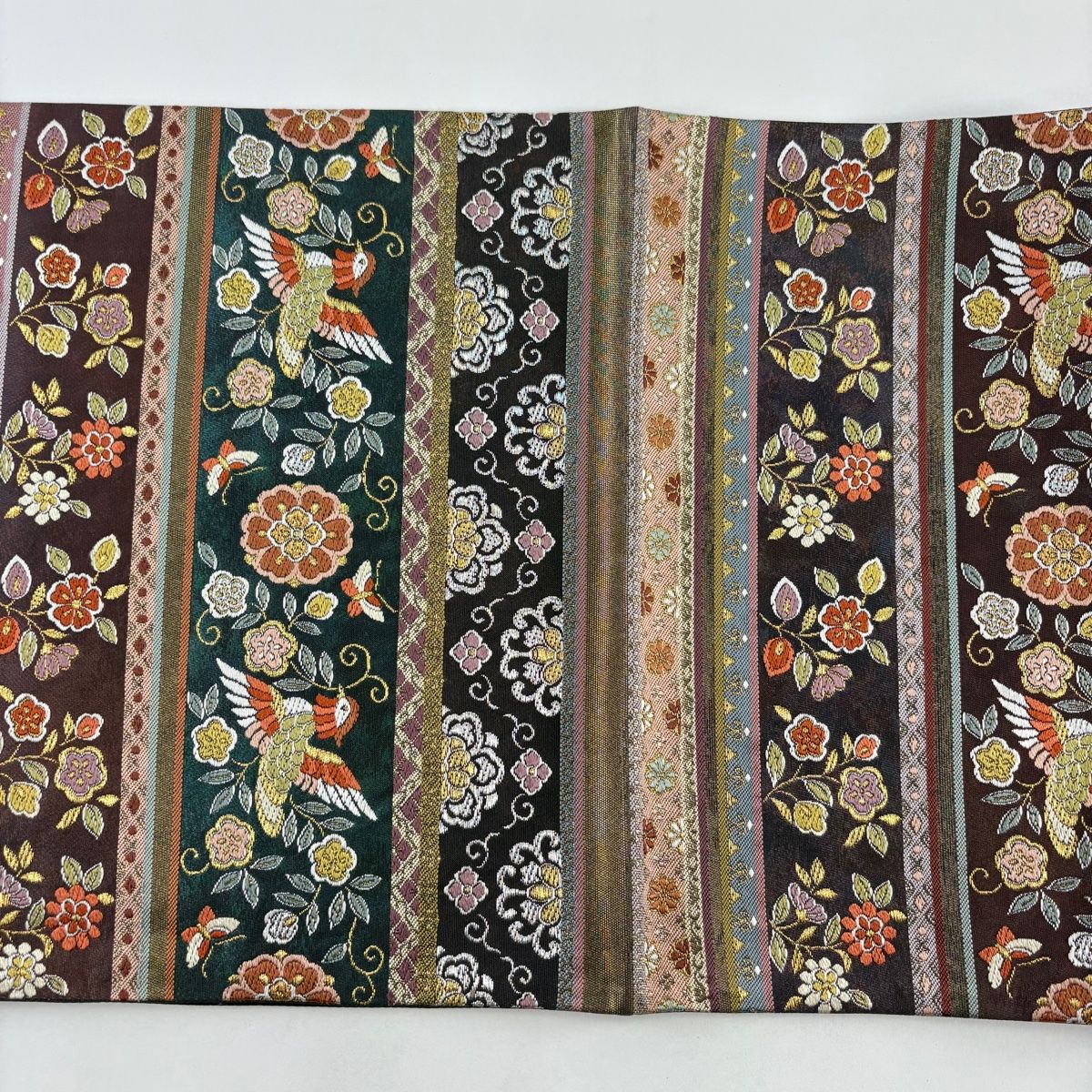 袋帯 逸品 河村織物 落款 天平段裂文 金銀糸 箔 茶紫 六通 正絹 【中古