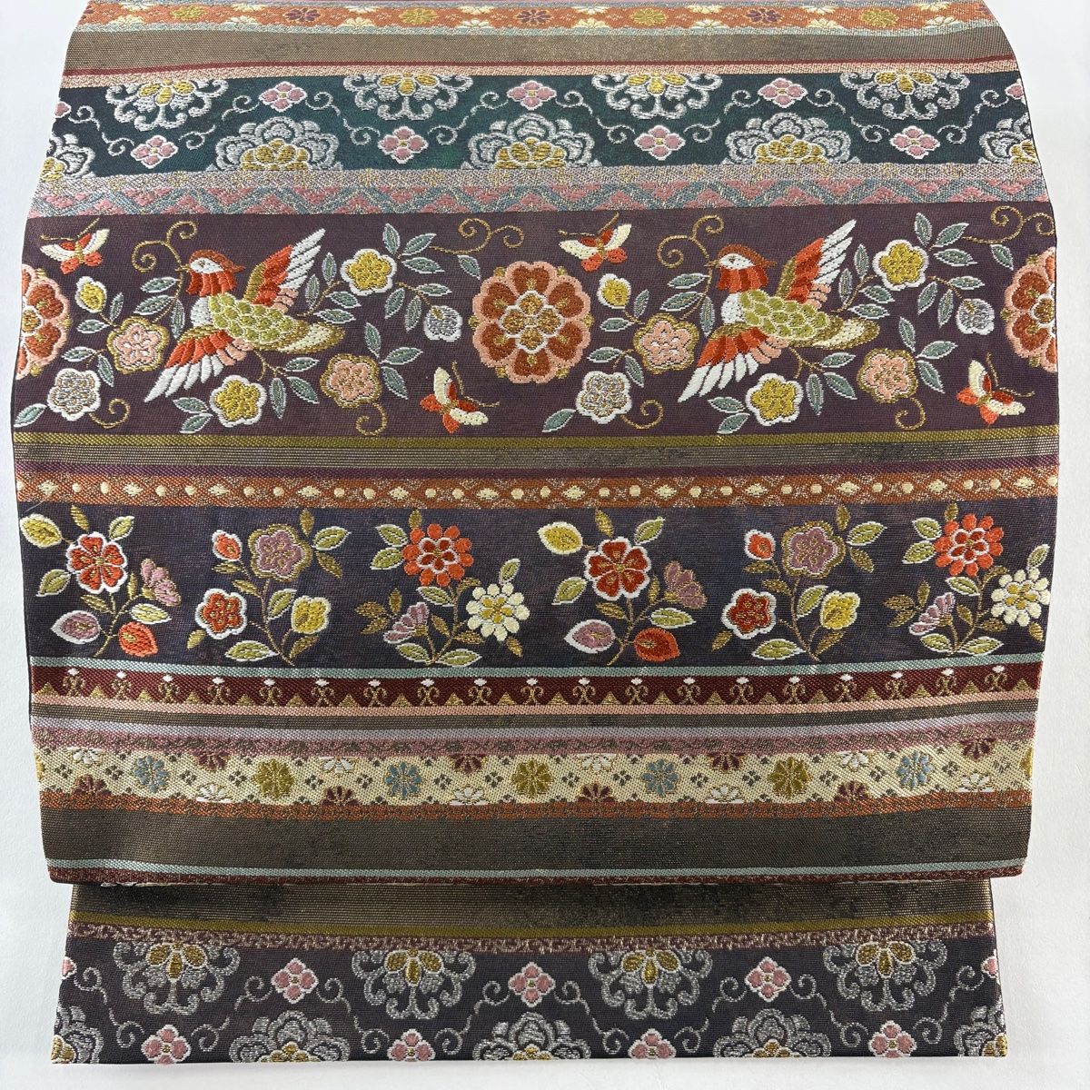 袋帯 逸品 河村織物 落款 天平段裂文 金銀糸 箔 茶紫 六通 正絹 【中古