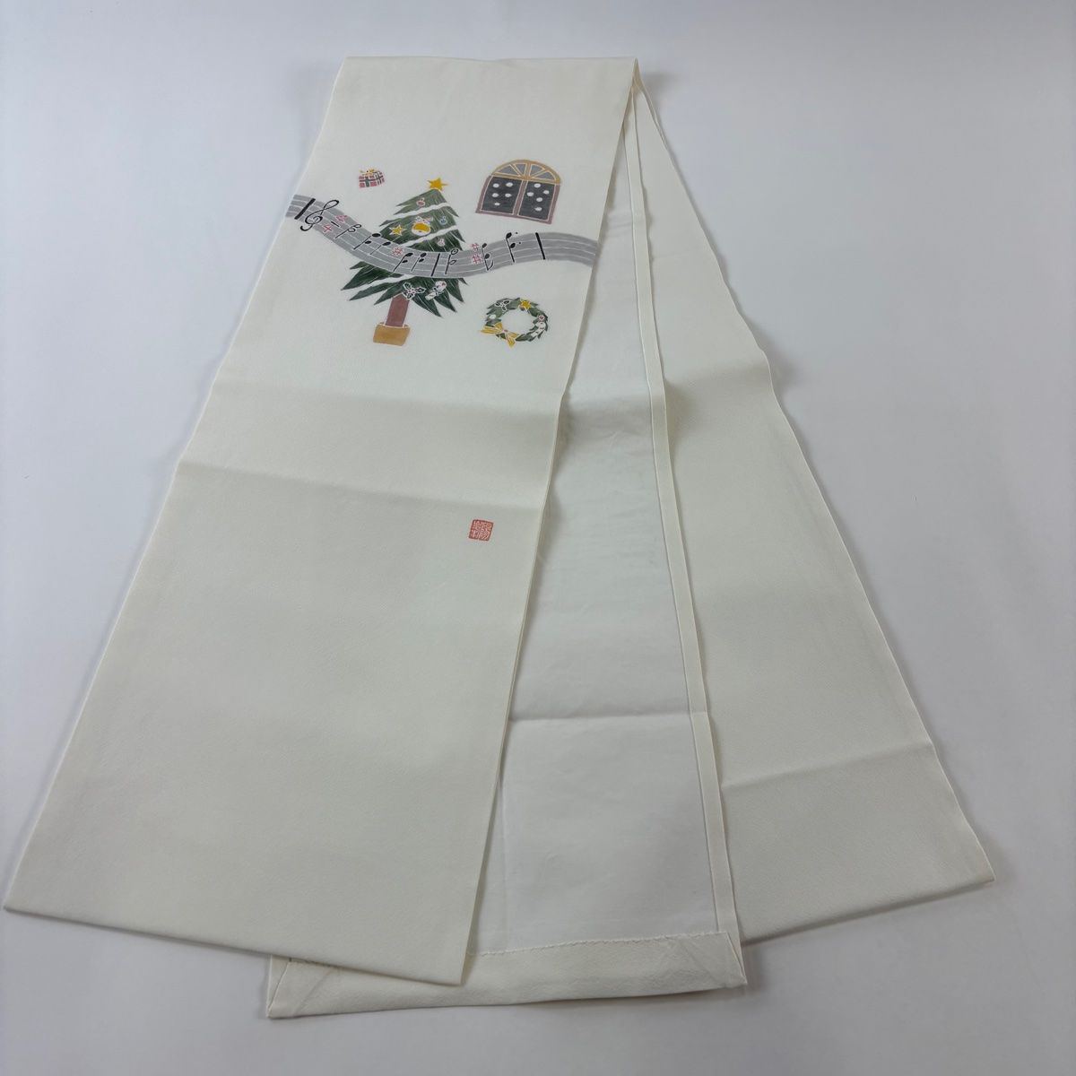 開き名古屋帯 逸品 落款 クリスマスツリー 音符 白 正絹 【中古