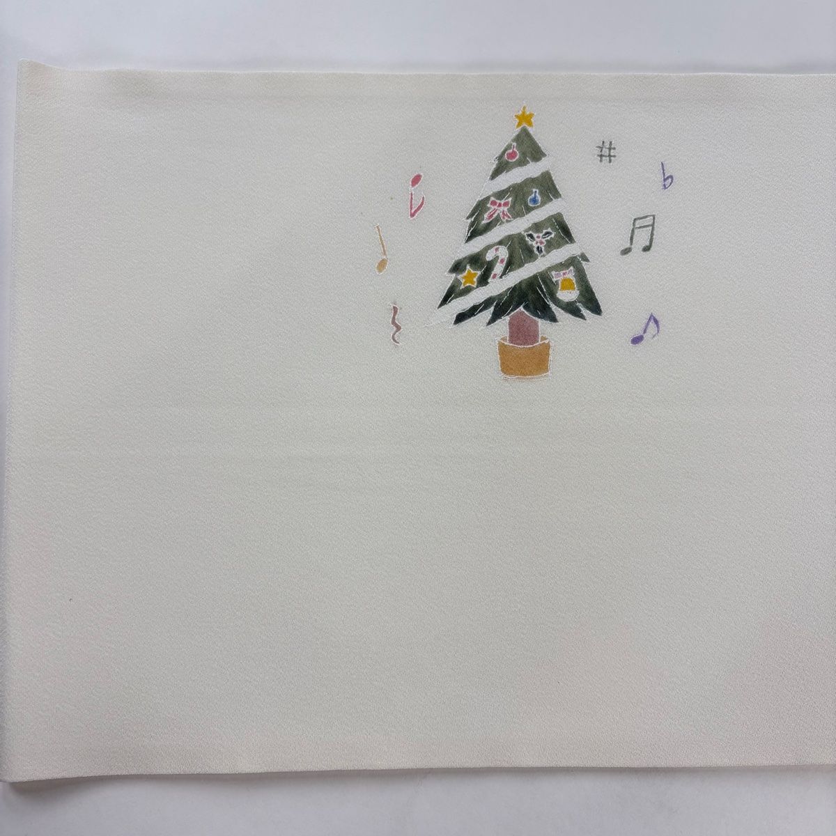 開き名古屋帯 逸品 落款 クリスマスツリー 音符 白 正絹 【中古