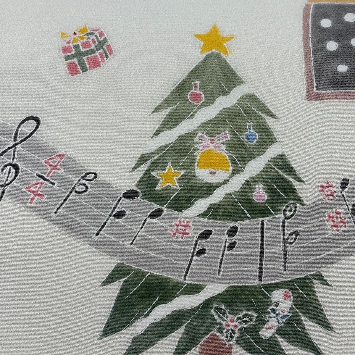 開き名古屋帯 逸品 落款 クリスマスツリー 音符 白 正絹 【中古