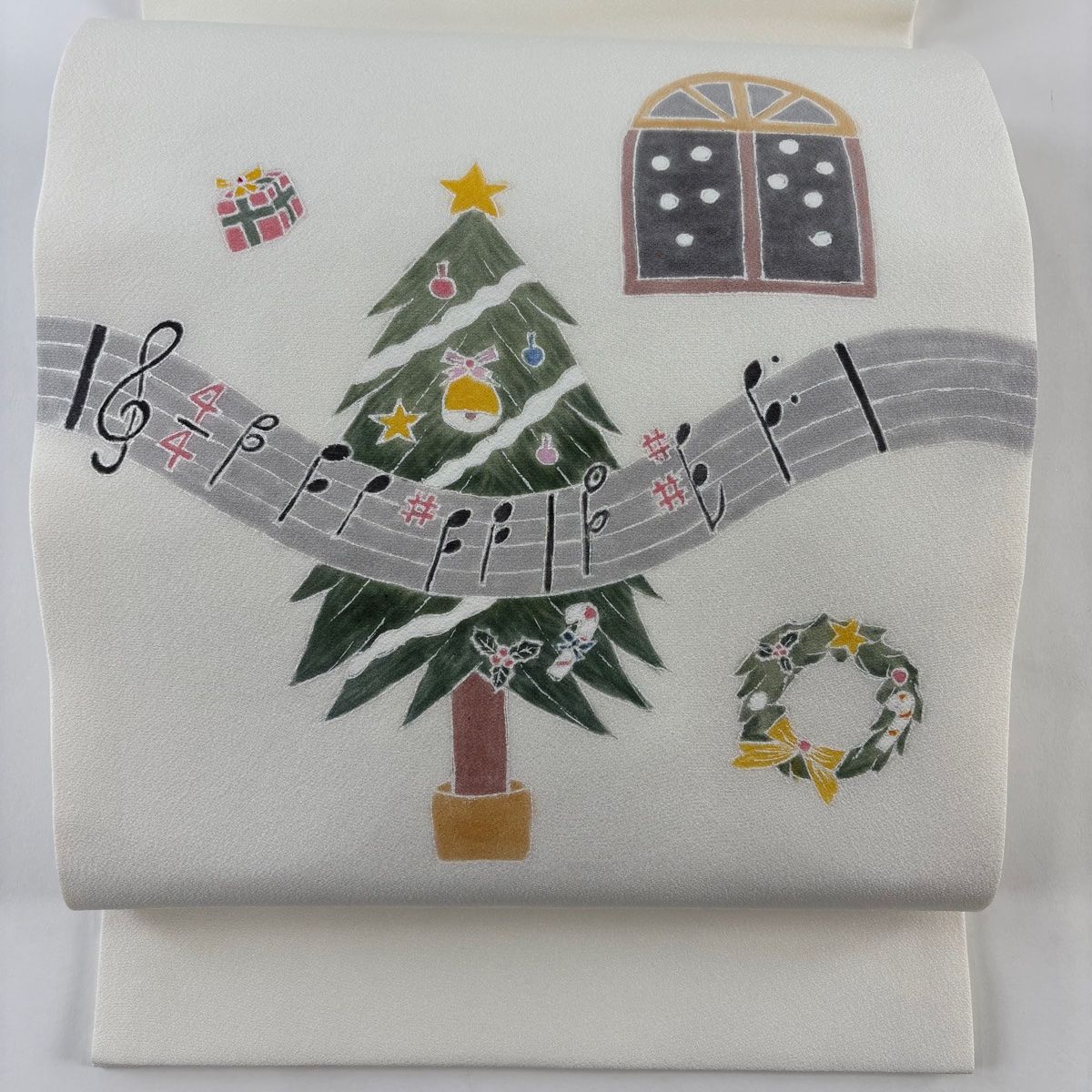 クリスマス！　ホワイトツリー　名古屋帯 開き名古屋帯 逸品 落款 クリスマスツリー 音符 白 正絹 【中古