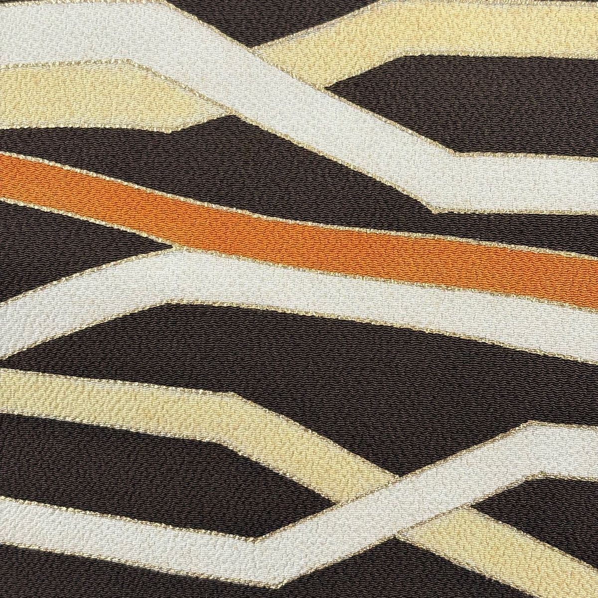 名古屋帯 幾何学 金彩 縮緬 焦茶色 正絹