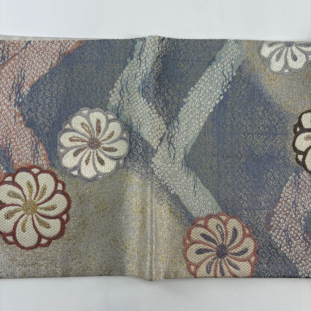 美品】 袋帯 逸品 誉田屋源兵衛 落款 鈴乃屋 花 七宝 金銀糸 箔 灰紫