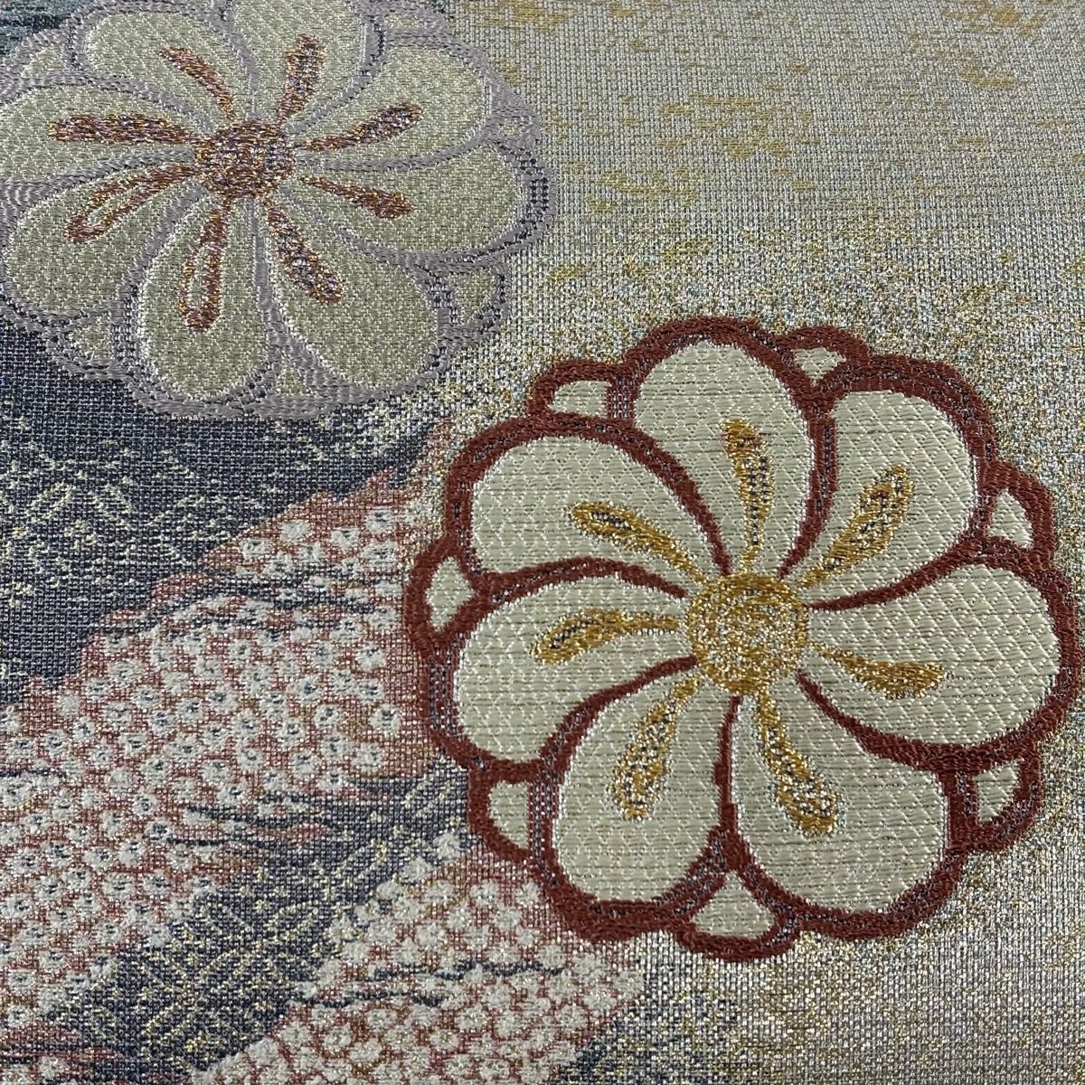 美品】 袋帯 逸品 誉田屋源兵衛 落款 鈴乃屋 花 七宝 金銀糸 箔 灰紫