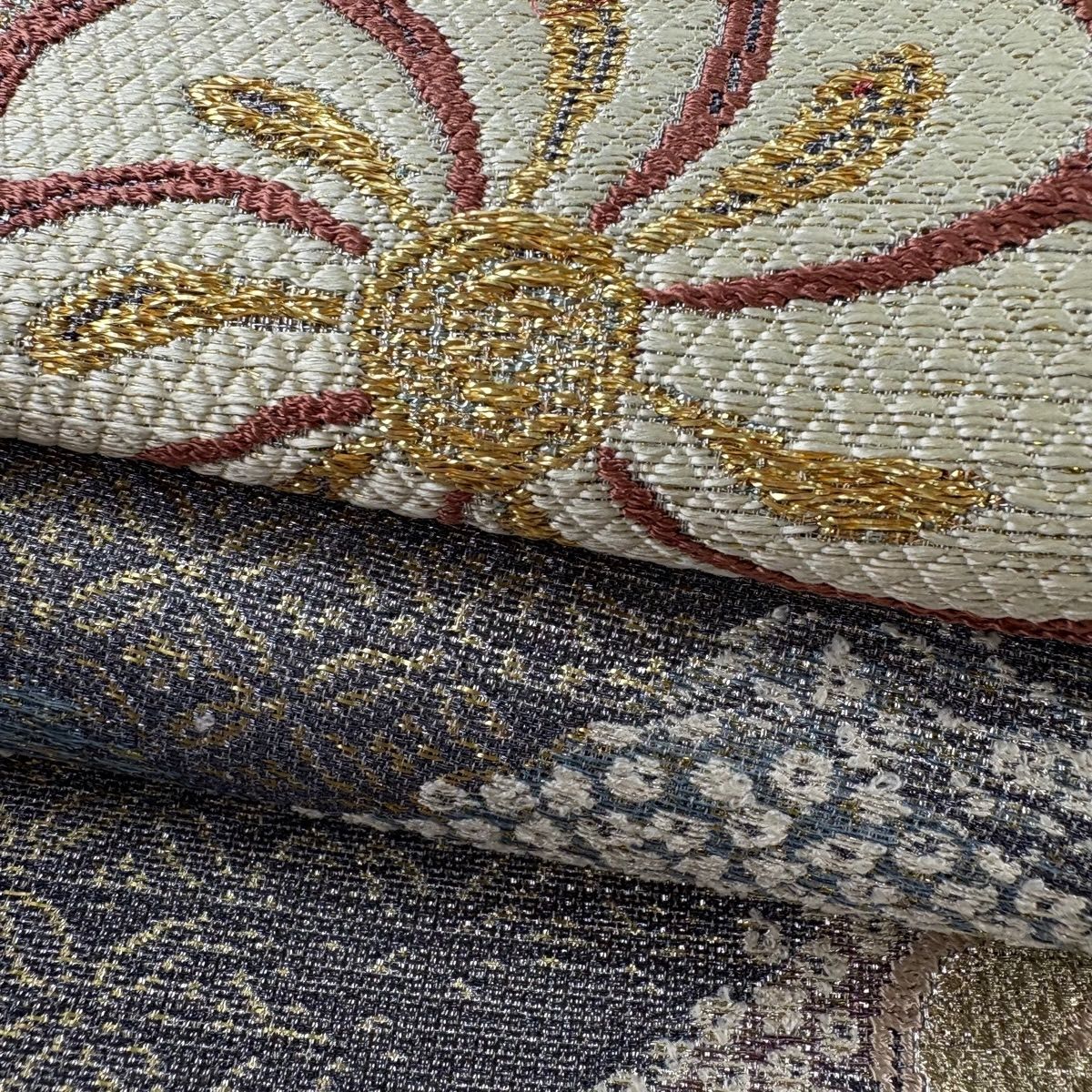 美品】 袋帯 逸品 誉田屋源兵衛 落款 鈴乃屋 花 七宝 金銀糸 箔 灰紫