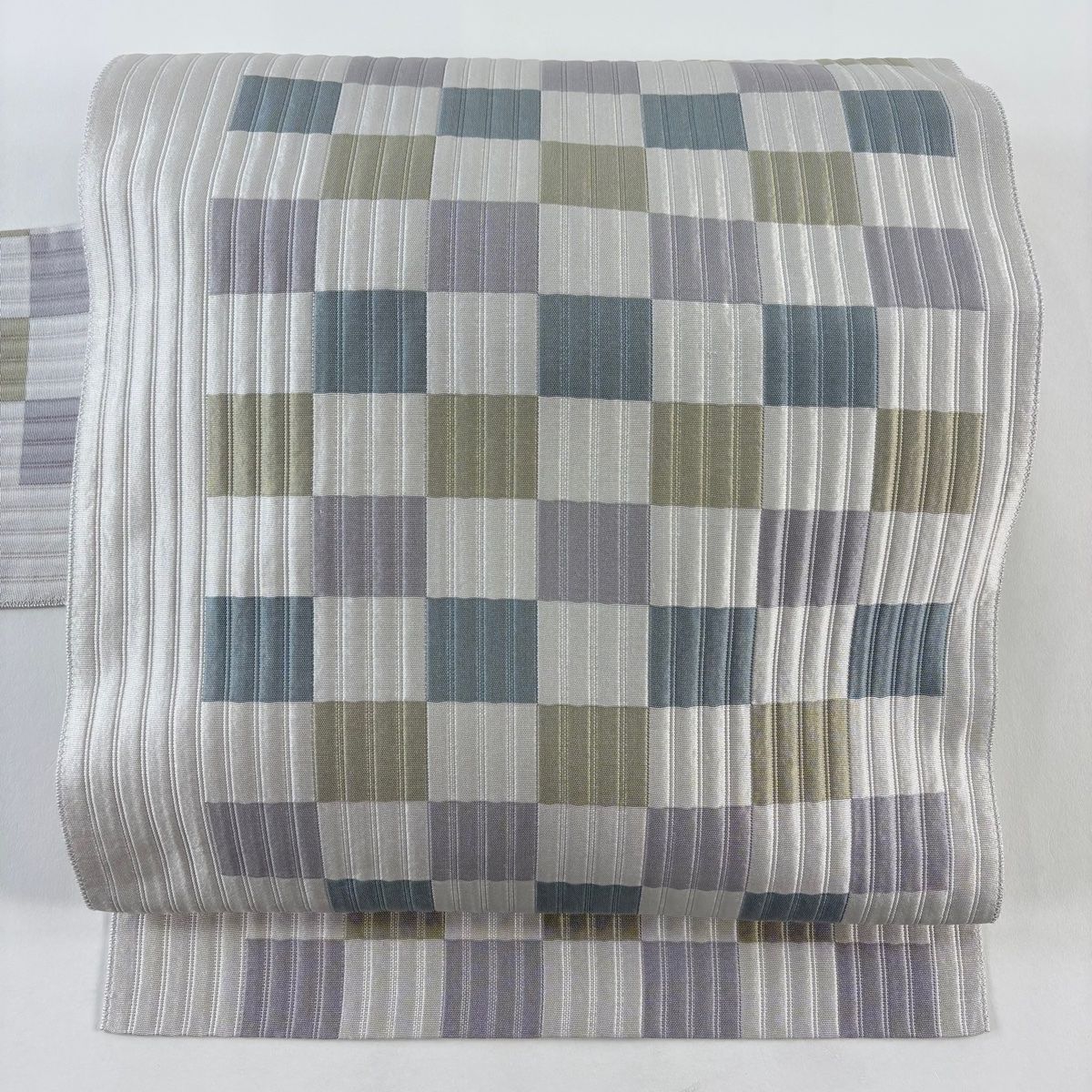 名古屋帯 証紙 博多織 八寸名古屋帯 市松 灰白 正絹