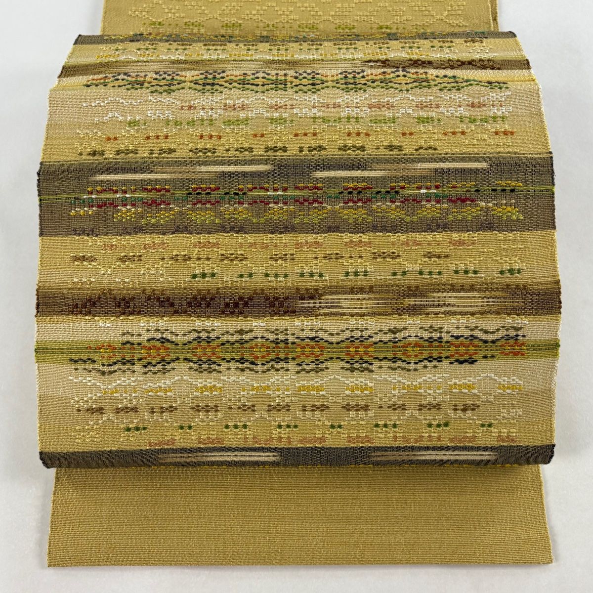 名古屋帯 証紙 松葉仕立て 八寸名古屋帯 紬地 新島染織工房 縞 幾何学模様 花織 抹茶色 正絹