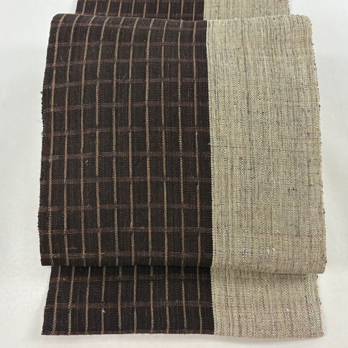 名古屋帯 証紙 夏帯 松葉仕立て 八寸名古屋帯 越後上布 小河正義 格子 茶色 麻