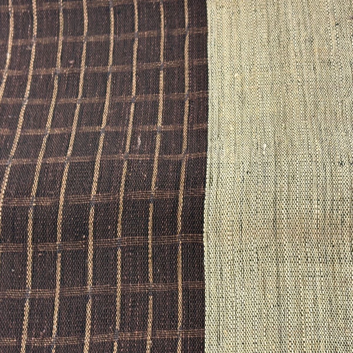 名古屋帯 証紙 夏帯 松葉仕立て 八寸名古屋帯 越後上布 小河正義 格子 茶色 麻