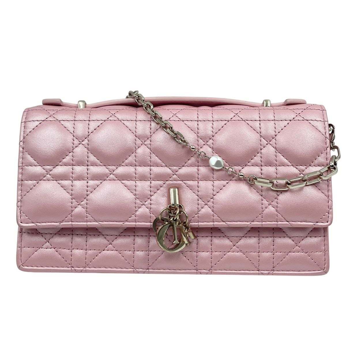 ディオール My Dior ミニバッグ トップハンドル ショルダーバッグ ピンク カナージュ シャイニーラムスキン _M 51 U パールチェーン 2 way MK