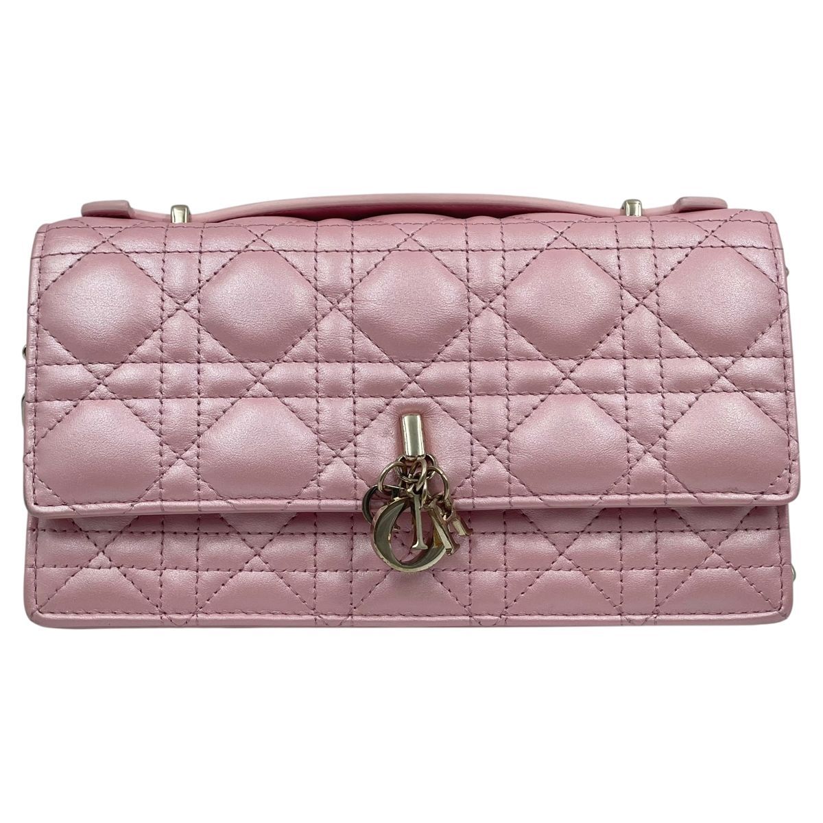 ディオール My Dior ミニバッグ トップハンドル ショルダーバッグ ピンク カナージュ シャイニーラムスキン _M 51 U パールチェーン 2 way MK
