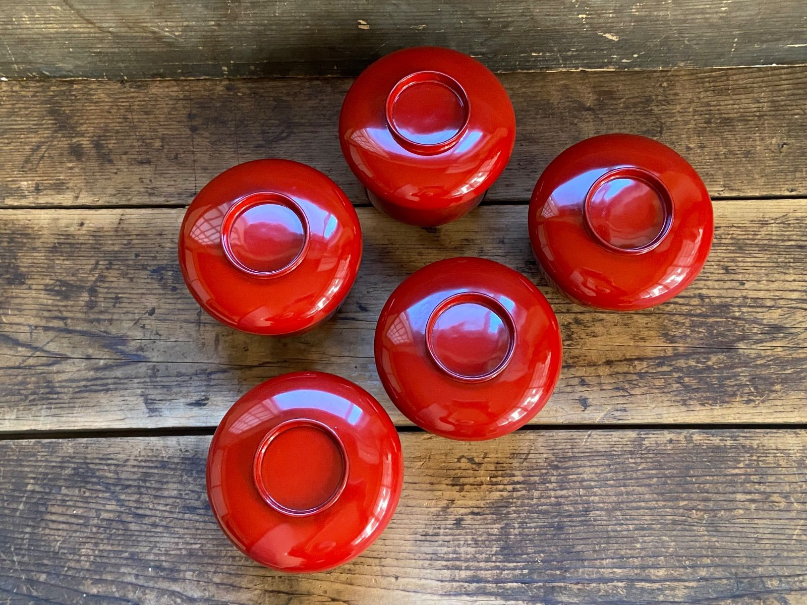 能登に伝わる古民藝 輪島塗 朱漆 蓋付 向付5客 / 時代 朱塗 壺椀 懐石