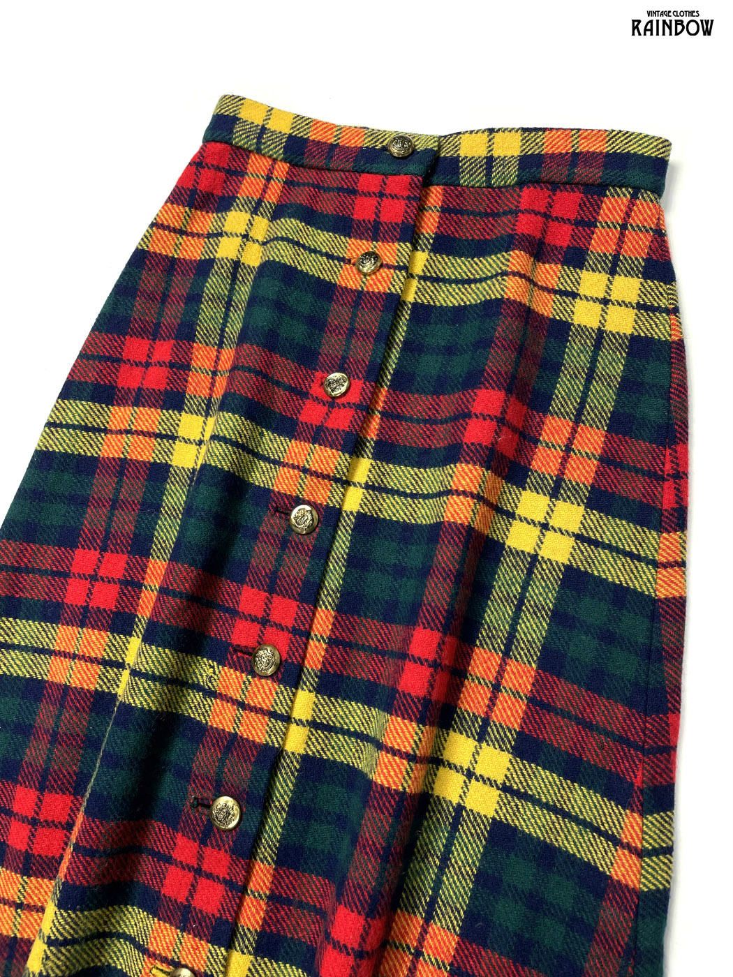 古着 チェック柄 ウール ロング丈 フ スカート 赤 紺 btu 2511027
