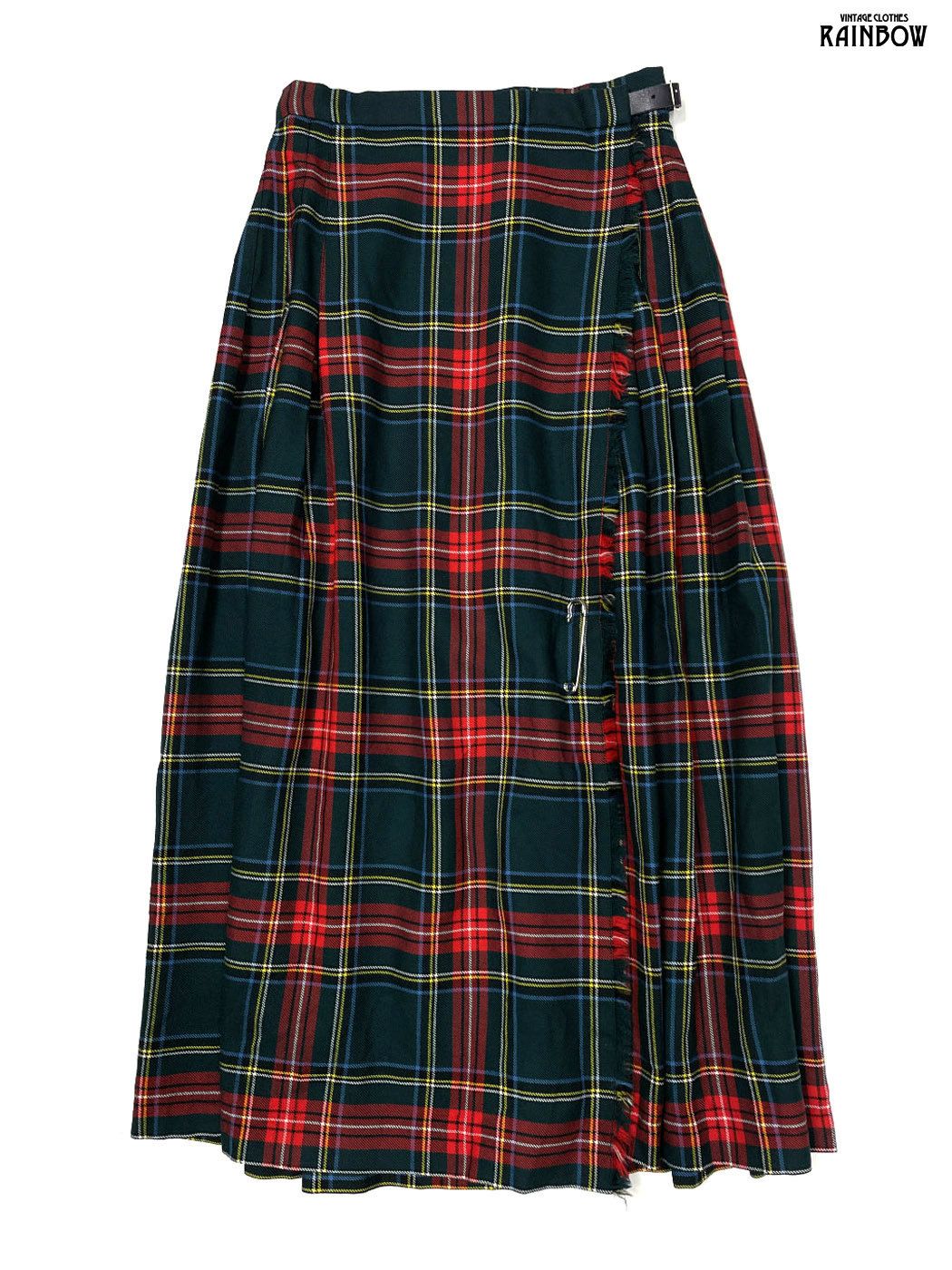 古着 CHARTER CLUB チャータークラブ 巻きデザイン チェック柄 ウール100％ ロング丈 スカート 緑 btu 2511030