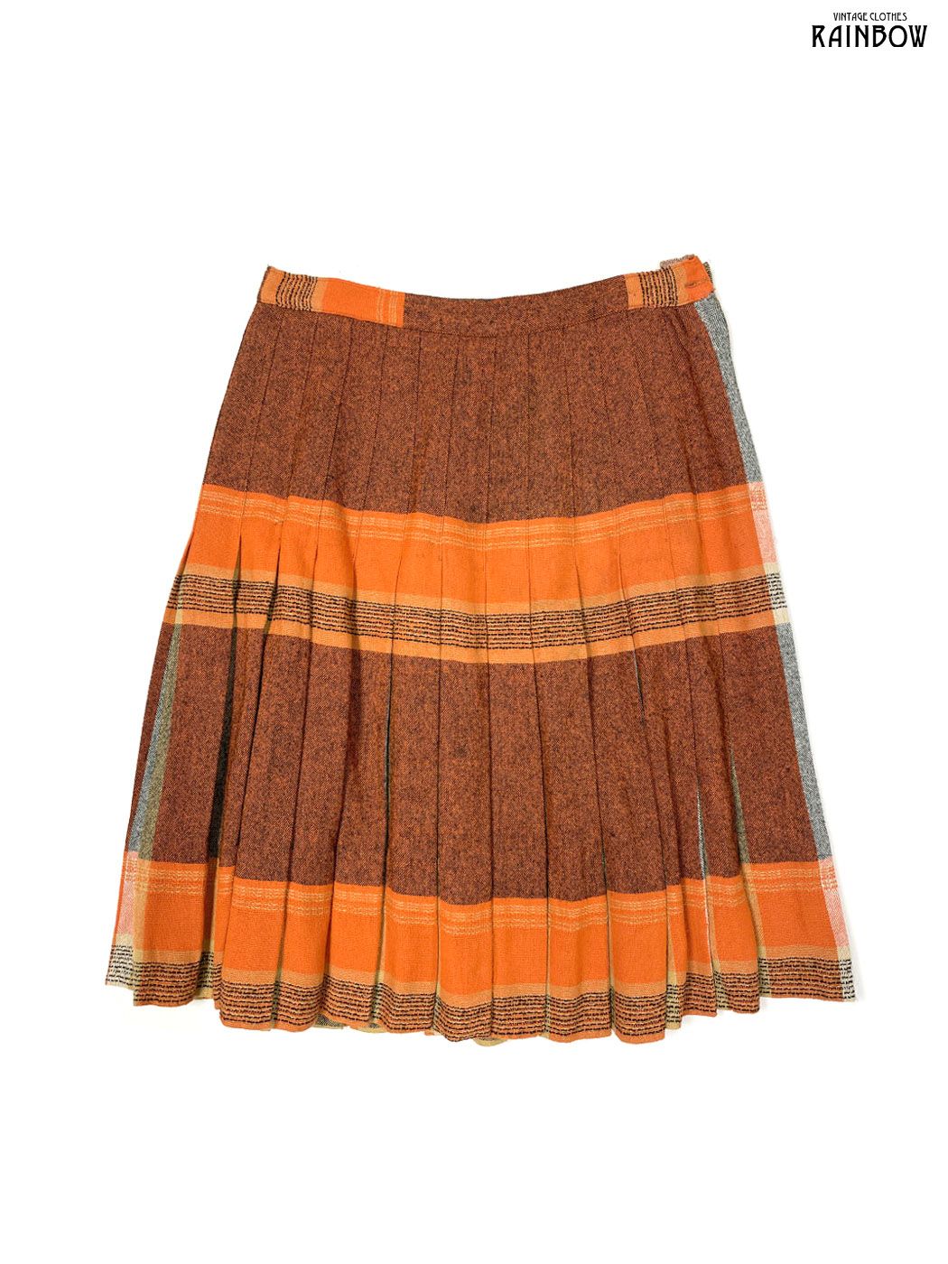 古着 チェック柄 ウール ミニ丈 プリーツ スカート オレンジ btu 2511032