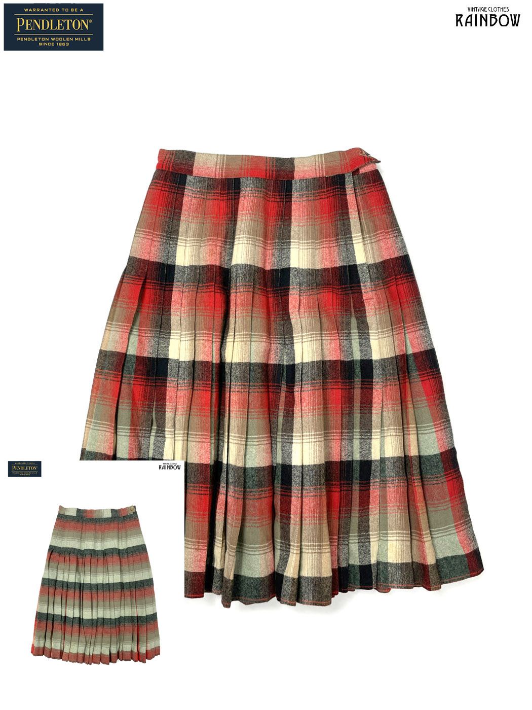 古着 ペンドルトン リバーシブル TALONジップ チェック柄 ウール 膝丈 プリーツ スカート 赤 黒 緑 btu 2511033