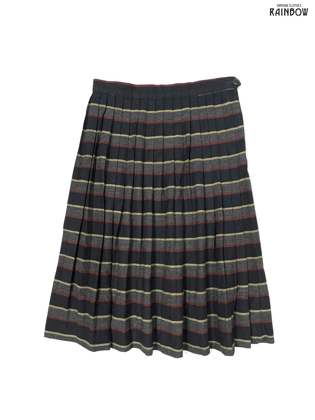 古着 by petti ボーダー柄 ウール 膝丈 プリーツ スカート 黒 赤 黄 btu 2511034