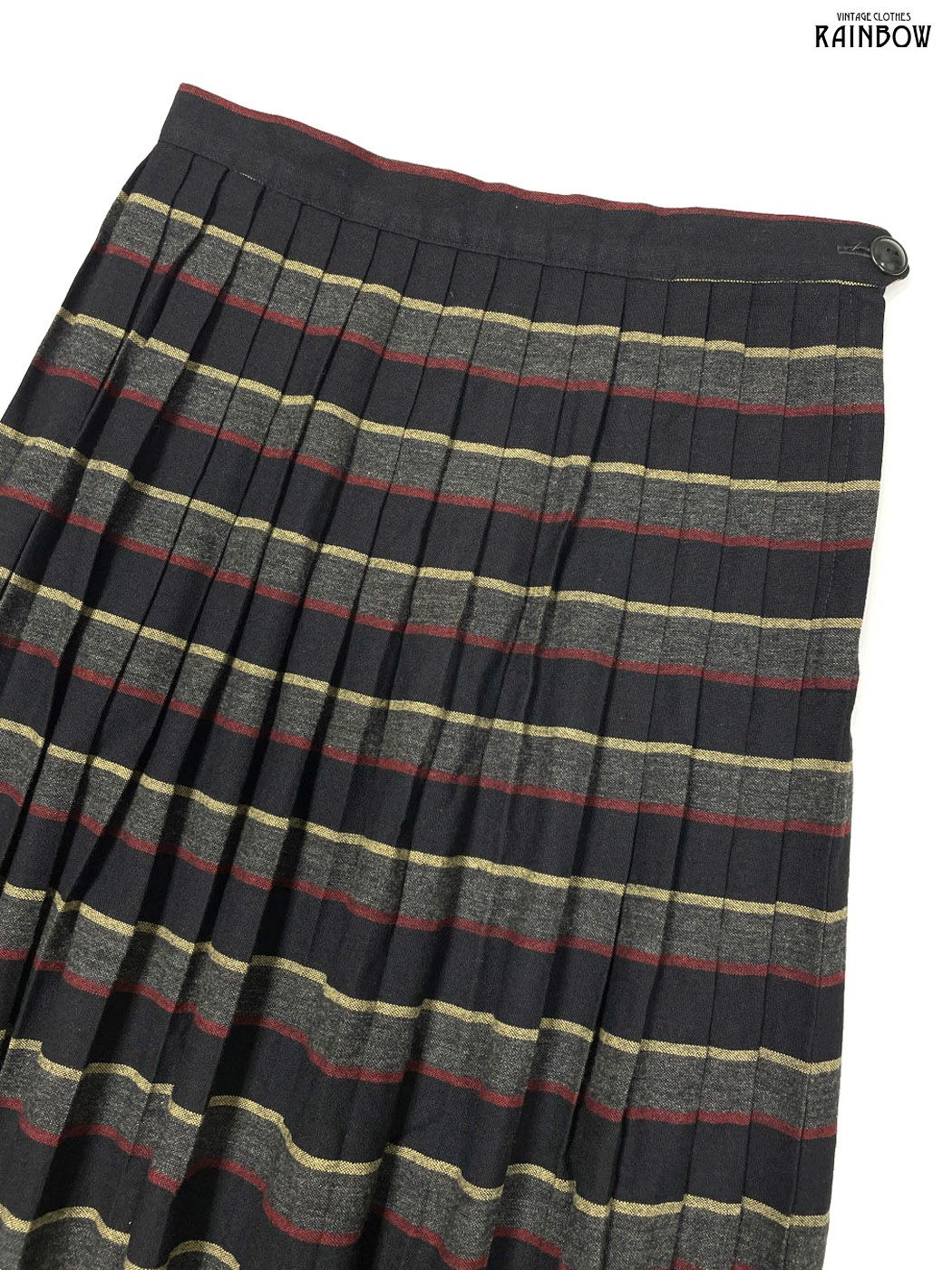 古着 by petti ボーダー柄 ウール 膝丈 プリーツ スカート 黒 赤 黄 btu 2511034