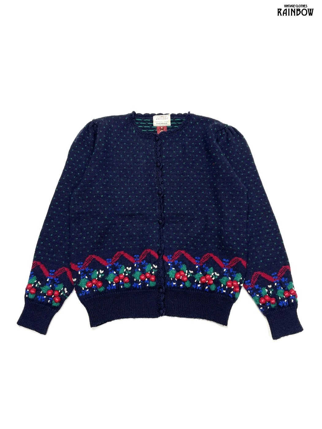 古着 SUSAN BRISTOL スーザンブリストル 刺繍 花柄 ピュアウール 長袖 ニット カーディガン 紺 ttu 2510026
