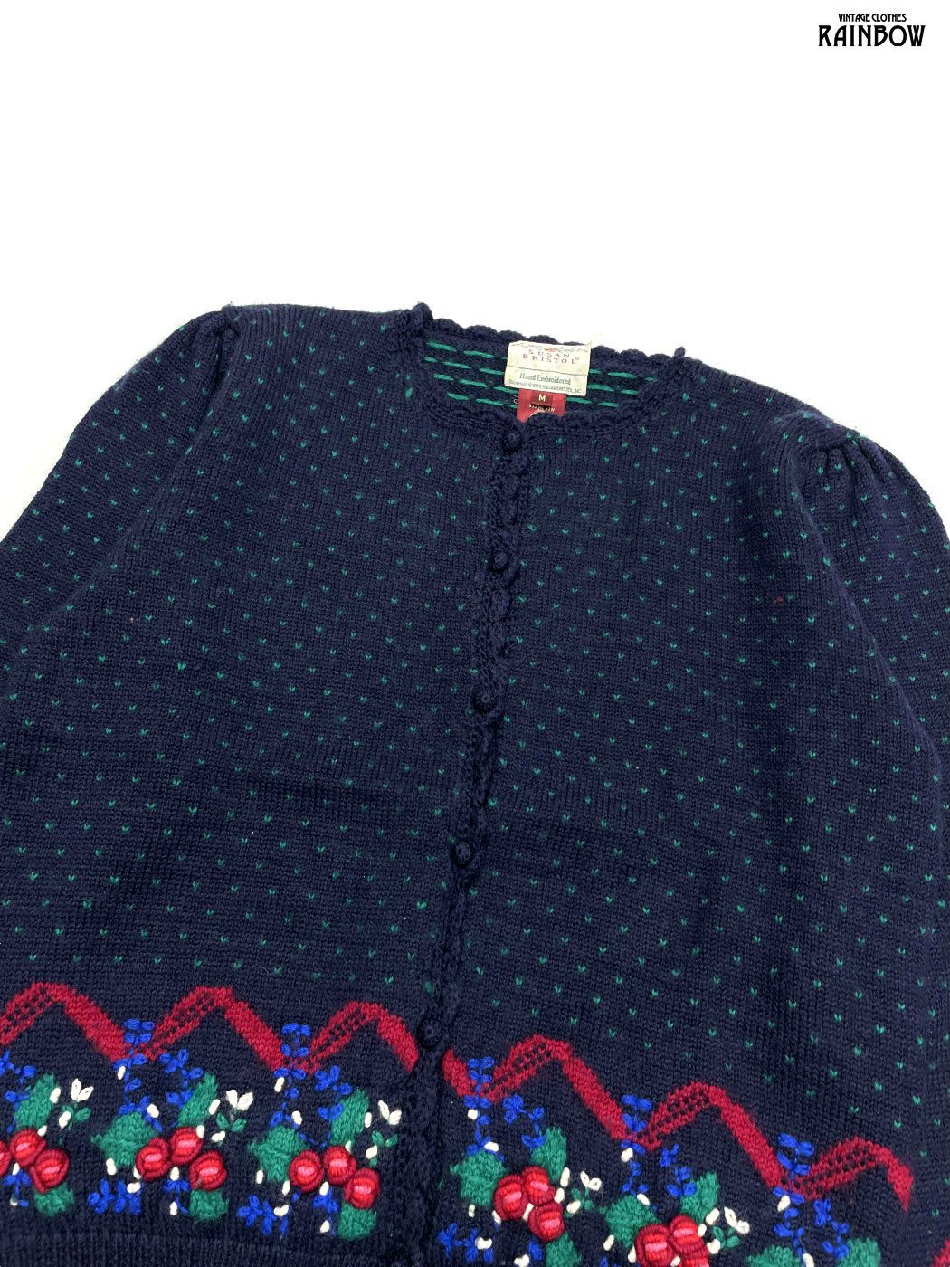 古着 SUSAN BRISTOL スーザンブリストル 刺繍 花柄 ピュアウール 長袖 ニット カーディガン 紺 ttu 2510026