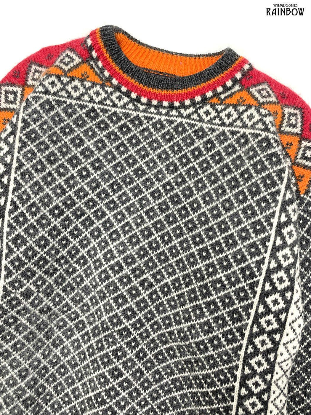 古着 Peak Performance 総柄 ピュアウール 長袖 ニット セーター グレー オレンジ ttu 2510096