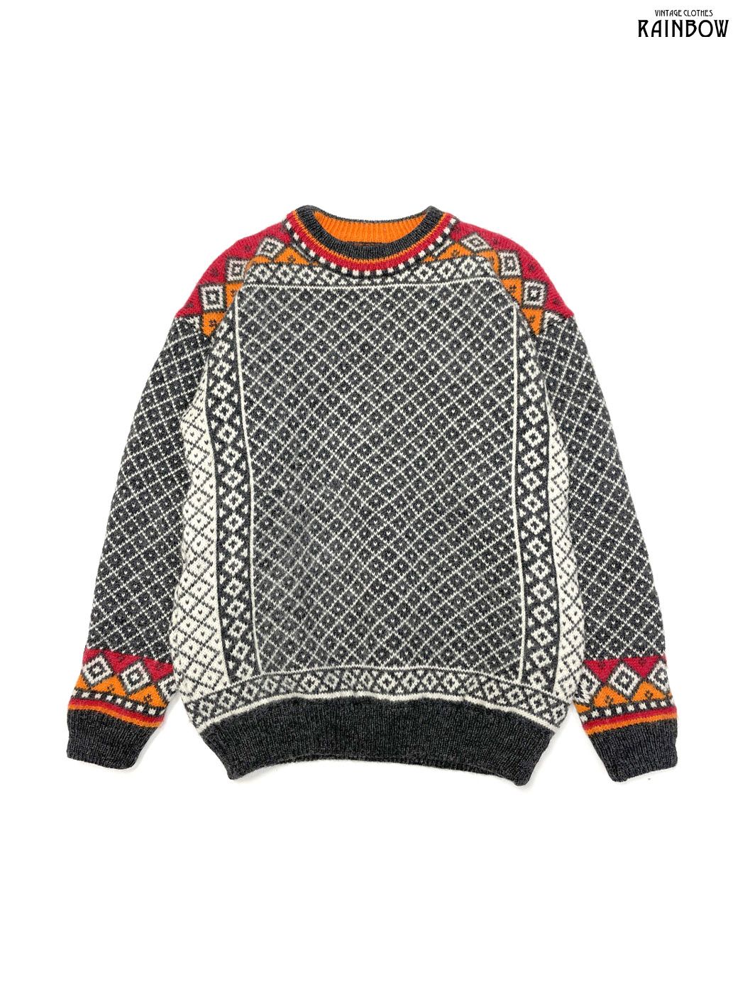 古着 Peak Performance 総柄 ピュアウール 長袖 ニット セーター グレー オレンジ ttu 2510096