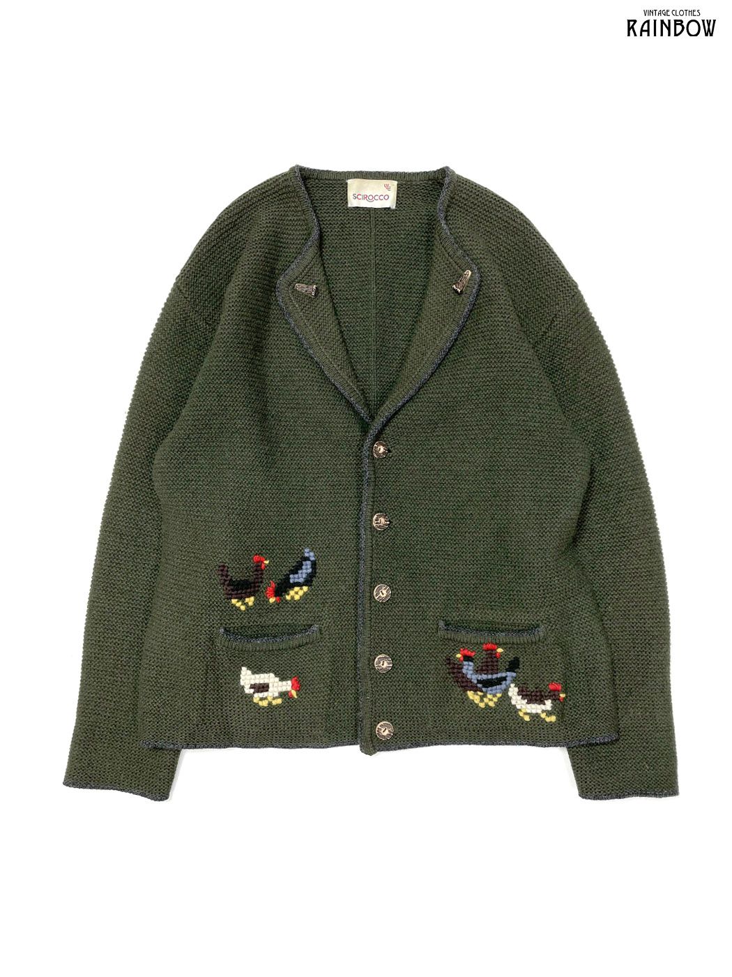 古着 ニワトリ 馬 刺繍 前開き 総柄 アニマル ピュアウール100％ 長袖 ニット カーディガン 緑 ttu 2510097